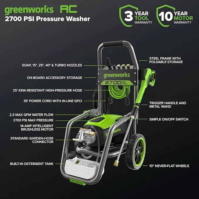 Greenworks Pro Brushless 2700 PSI (CSA Certified) 2.3 GPM Max / 1.2 GPM Electric Pressure Washer (Foldable Handles, Rugged Steel Frame, 25 FT Hose, 35 FT GFCI Power Cord) by GreenHaven Gardens