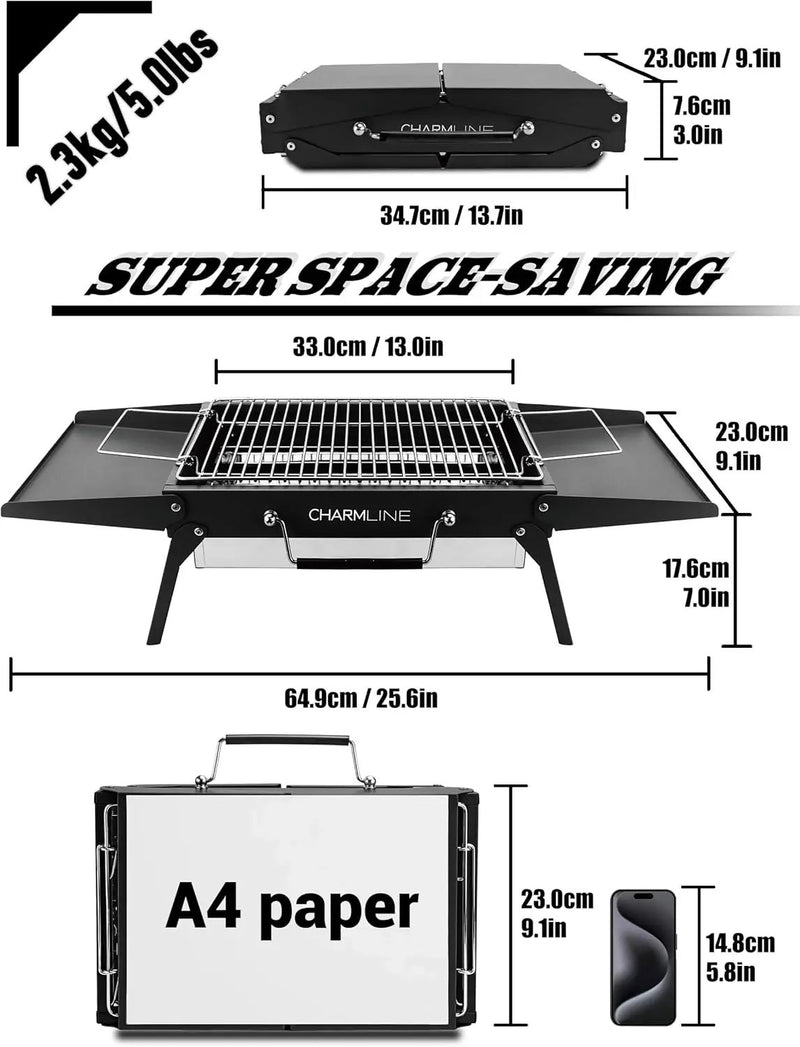 Charmline 14x9inch Foldable Portable Grill Charcoal, Compact Portable Grill for Outdoor Use, Desktop Charcoal Grill, BBQ Grill for Camping, Picnics, Gardens and Beach Parties, Green, Black by GreenHaven Gardens