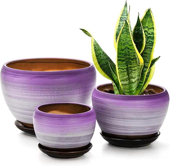 SOUJOY Set of 3 Ceramic Flower Pots, Gardening Plant Pot with Drainage Holes and Saucer, 7/5/4 inch Purple Round Succulent Herbs Cactus Planter for Indoor Outdoor by GreenHaven Gardens
