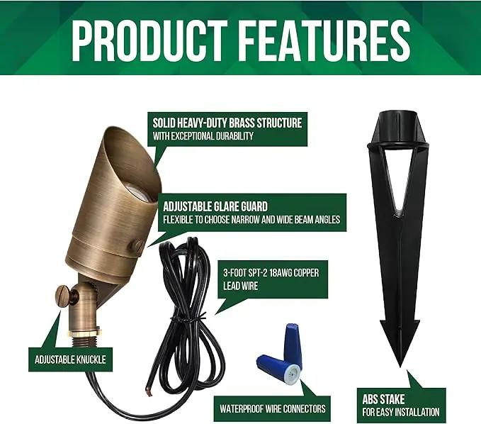 GKOLED 12V Brass Landscape Spotlight, LED Low Voltage Landscape Lighting, Outdoor Adjustable Lights for Yard Wall Lawn Tree Patio Garden, Waterproof Directional Up Light, No MR16 Bulb by GreenHaven Gardens