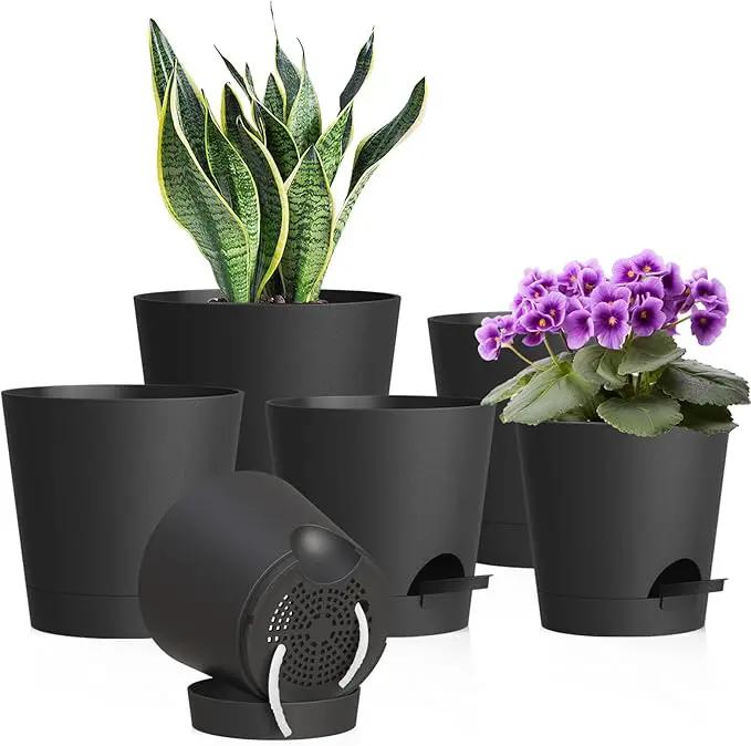 7/6.5/6/5.5/5/4 inch Self Watering Pots for Indoor Outdoor Plants, 6 Pack Plastic Flower Planters with Drainage Holes and Removable Saucers, Plant Pots with Wicking Rope, Modern Decor, Black by GreenHaven Gardens
