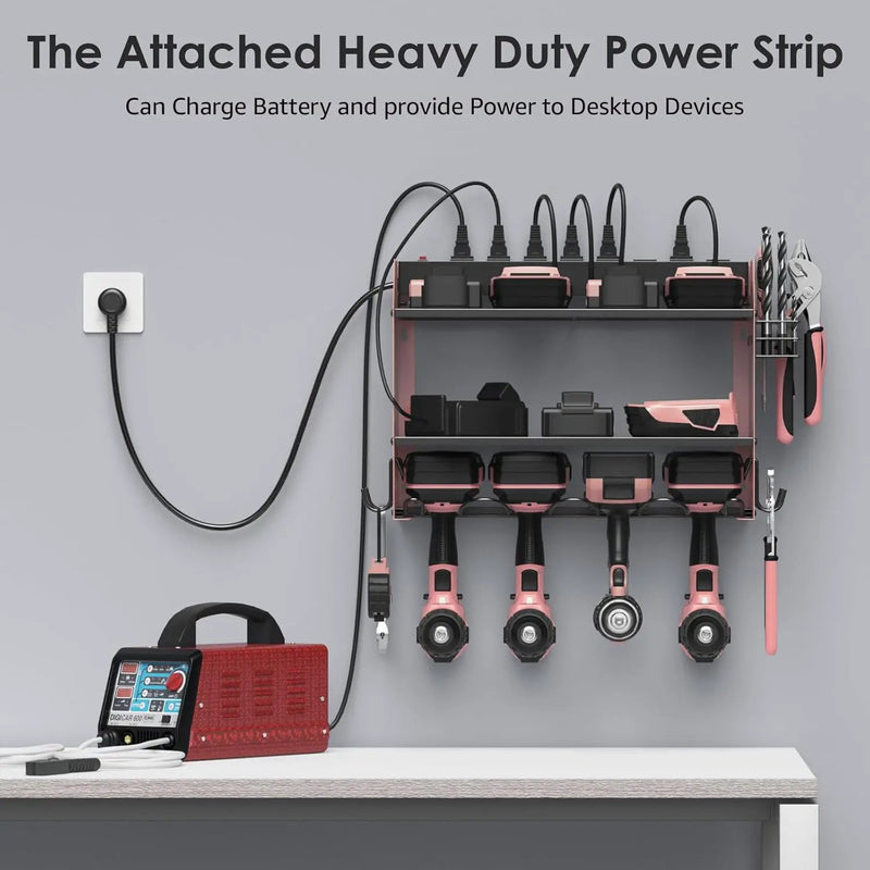 CCCEI Modular Power Tool Organizer Wall Mount with Charging Station. Garage 4 Drill Storage Shelf with Hooks, Drill Bit Heavy Duty Rack, Pink Tool Battery Holder Built in 8 Outlet Power Strip. by GreenHaven Gardens