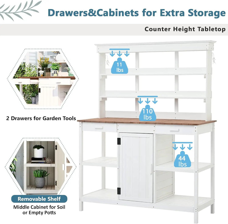 Merax 66" Large Outdoor Farmhouse Wooden Potting Bench Table, Garden Workstation with 2 Drawers, Cabinet, and Open Shelves for Backyard, Mudroom, White by GreenHaven Gardens