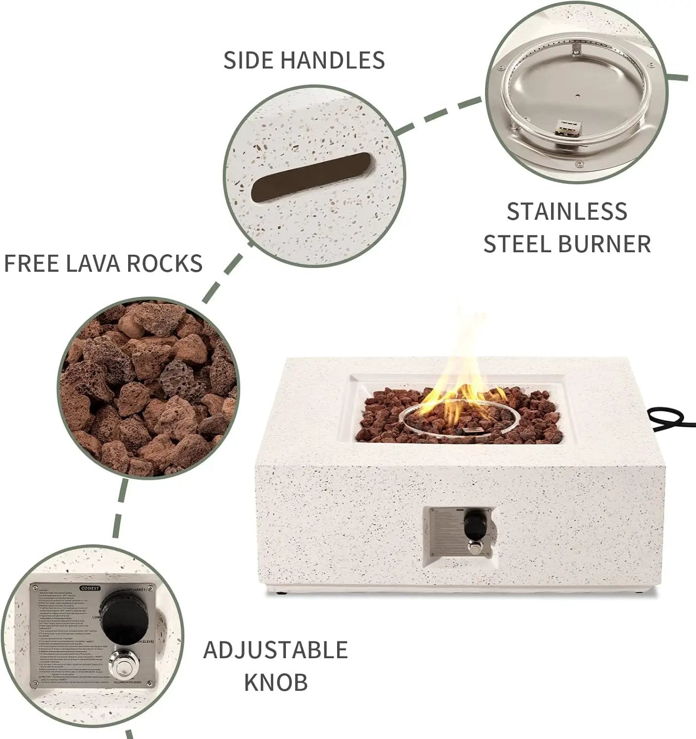 COSIEST Outdoor Propane Fire Pit Coffee Table w Square Faux Stone 35-inch Base, 50,000 BTU Stainless Steel Burner, Free Lava Rocks and Rain Cover by GreenHaven Gardens