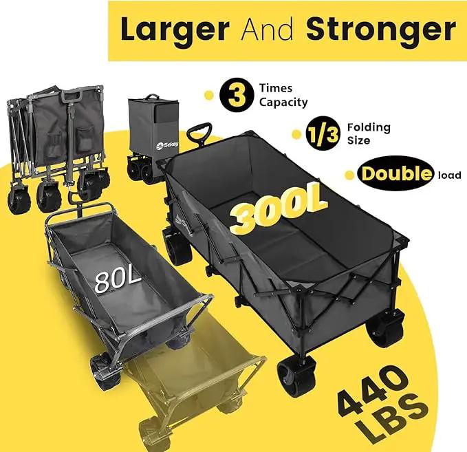 Sekey 48''L Collapsible Foldable Extended Wagon with 440lbs Weight Capacity, Heavy Duty 300L Folding Utility Garden Cart with Big All-Terrain Beach Wheels & Drink Holders. Grey by GreenHaven Gardens