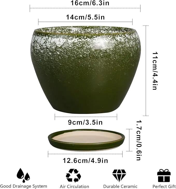 6 Inch Plant Pot - Ceramic Planter Pot with Drainage Hole and Saucer, Glaze Succulent Pot Modern Round Flower Pot for Indoor Plants, Dark Green by GreenHaven Gardens