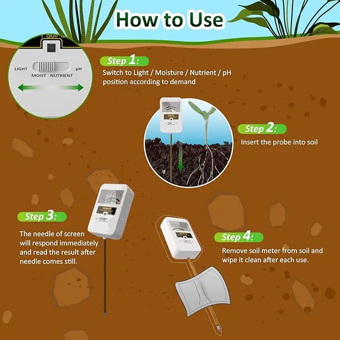 Soil Moisture Meter, 4-in-1 Soil Ph Meter, Soil Tester for Nutrients, Moisture, PH and Light, Soil Ph Test Kits for Plant, Great for Garden, Lawn, Indoor & Outdoor Use (No Battery Required) by GreenHaven Gardens