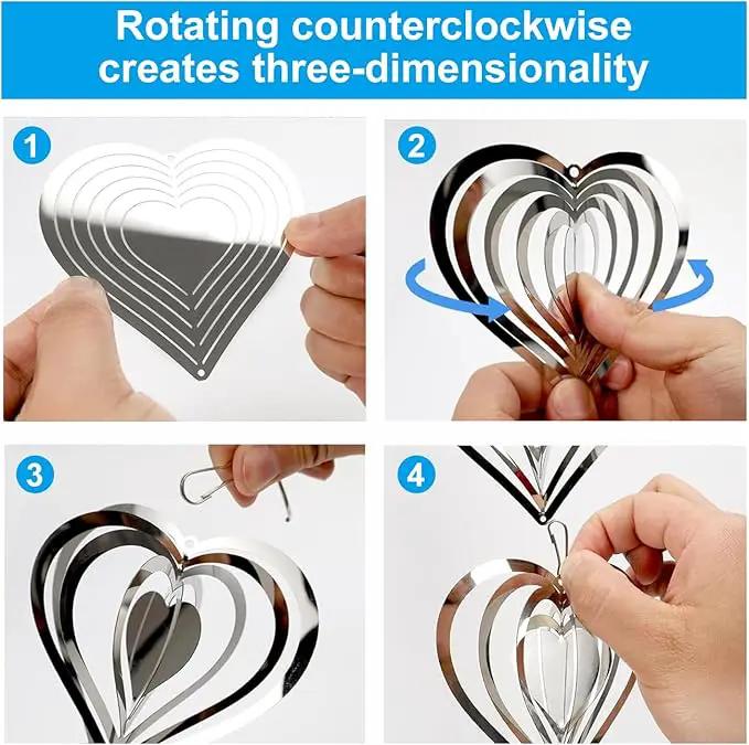 12 Metal Heart Bird Scarer Discs Set, Wind Spinners 3D Helix Reflector Stainless Steel Sparkly Outdoor Garden Decor, Scare Birds & Animals Away from Garden Yard Patio Lawn Farm Wind Sculpture Gifts by GreenHaven Gardens