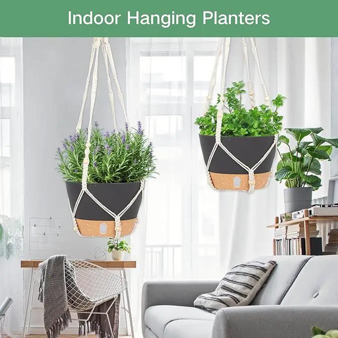 QCQHDU 2 Pack Hanging Planters for Indoor Plants, Outdoor Hanging Baskets, Self Watering Pots with Drainage Holes & Removable Tray (Dark Grey, 10 inch, Macrame Hanger) by GreenHaven Gardens