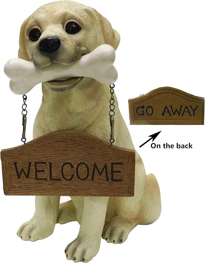 Nature's Mark Labrador Retriever Dog Puppy Statue with Reversible Welcome Sign and Go Away Sign Resin Garden Decor 12" H by GreenHaven Gardens