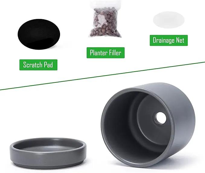 D'vine Dev 3.5 Inch & 4.7 Inch Ceramic Planter Pots for Plants with Drainage Hole and Saucer, X-Small Plant Pots Set, Speckled Grey, 94-G-XS-3 by GreenHaven Gardens