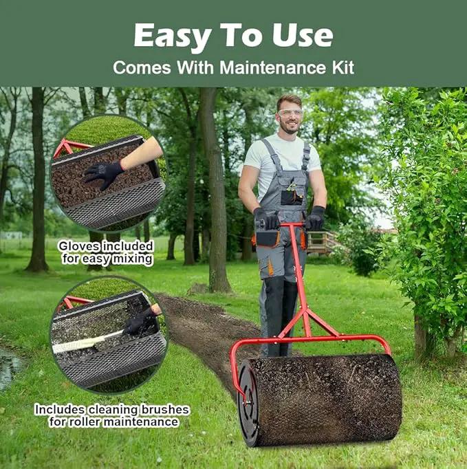 Compost Peat Moss Spreader for Lawn, 24 Inch Compost Roller Spreader with Adjustable T-Shaped Handle, Upgraded Side Clasps, Durable Lightweight Metal Roller, Lawn Garden Yard Care (Black) by GreenHaven Gardens