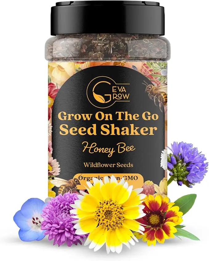 Mini Wildflower Seed Shaker – Honey Bee Wildflower Mix, by GevaGrow | Bulk 90,000+ Seeds | Pollinator Bee Attracting Flower Seeds for Planting in Pots & Outdoor Gardens | No Messy Packets by GreenHaven Gardens