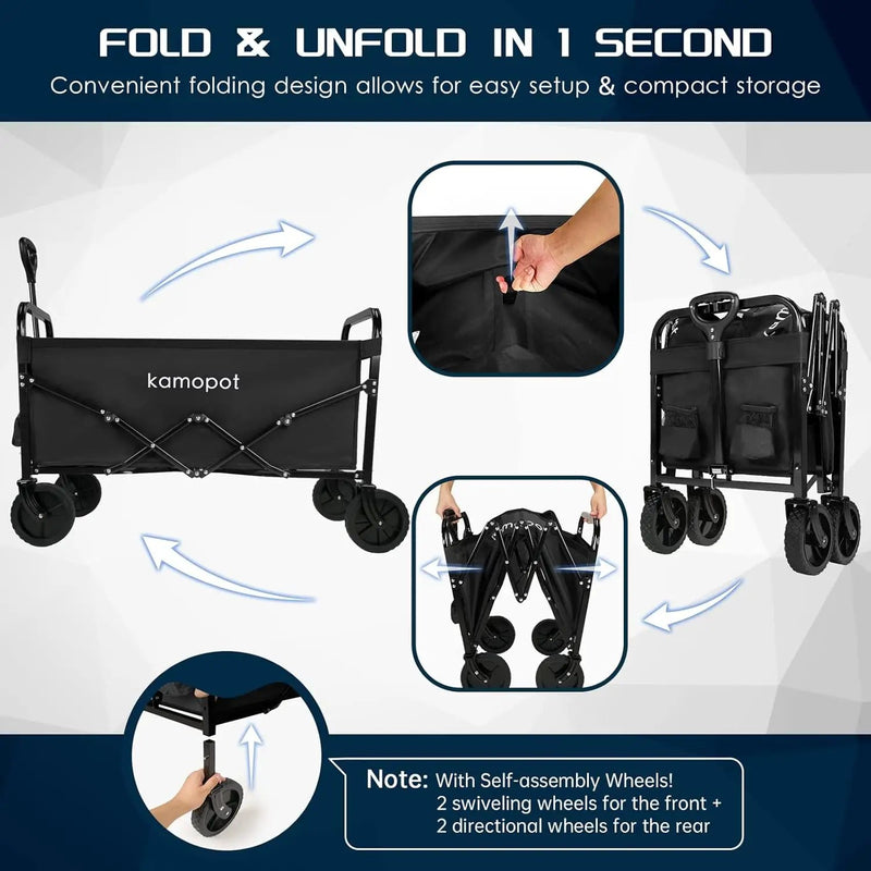 Large Collapsible Wagon Foldable for Grocery, Beach, Park, Yard, 34 x 18 Inch Inner Storage. Folding Utility Shopping Cart on Wheels. Heavy Duty, Durable w/Cupholders (Black) by GreenHaven Gardens