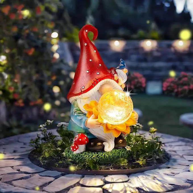 Solar Garden Decor Gnome Statues with Sunflower and Crackle Glass Globe Lights Gnome Outdoor Decorations for Garden Yard Patio Lawn, Unique Housewarming Gifts by GreenHaven Gardens