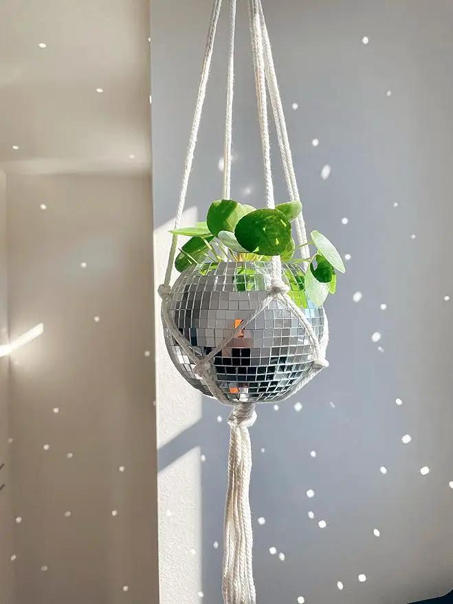 Hanging Disco Ball Planter 8" - with Acrylic Stand and Macrame Plant Hanger - Home Décor, Room Décor, Mirror Disco Planter, Disco Decor (6" with White Hanger, Flat Base) by GreenHaven Gardens