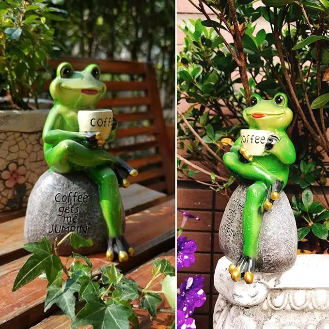 OwMell Frog Statue for Garden, Drinking Coffee Green Frog Figurine for Outdoor Decor Yard and Garden Decoration Resin Sculpture 6 Inches by GreenHaven Gardens