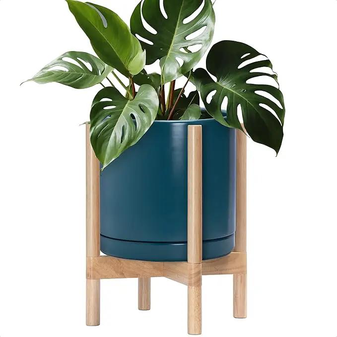 D'vine Dev Ceramic Planter with Natural Stand - 12 Inch Modern Round Flower Pot with Wood Planter Holder, Teal, 55-B-J-4 by GreenHaven Gardens