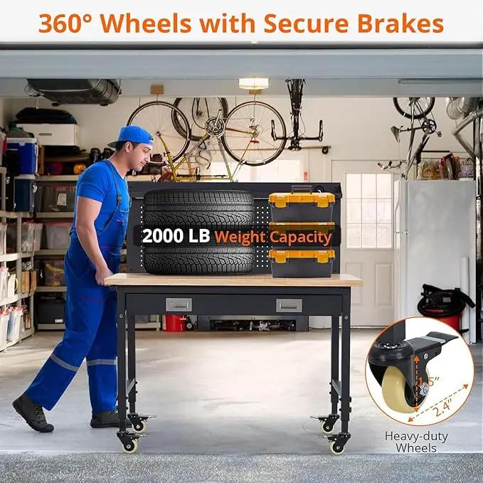 48'' Adjustable Workbench on Wheels, 2000LBS Heavy Duty Worktable with Power Outlets & Drawers & Pegboard, Rubberwood Workstation for Workshop, Garage, Office, Home by GreenHaven Gardens