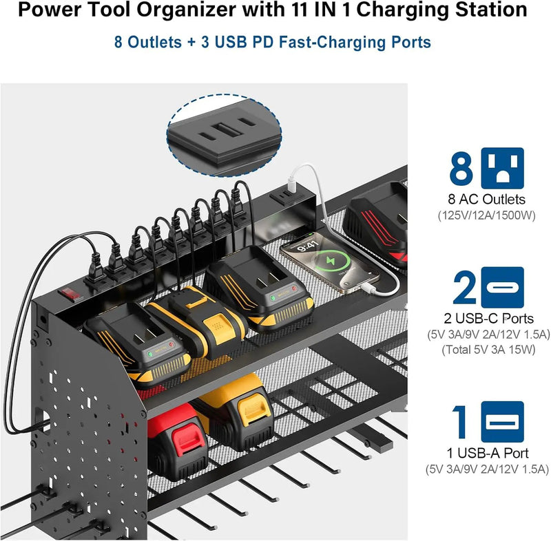 JUNNUJ Large Power Tool Organizer Wall Mount with Charging Station. Garage 8 Drill Holder Tools Battery Storage Shelf, Heavy Duty Utility Storage Rack Built in 8 Outlet 3 USB 10 FT Power Strip by GreenHaven Gardens