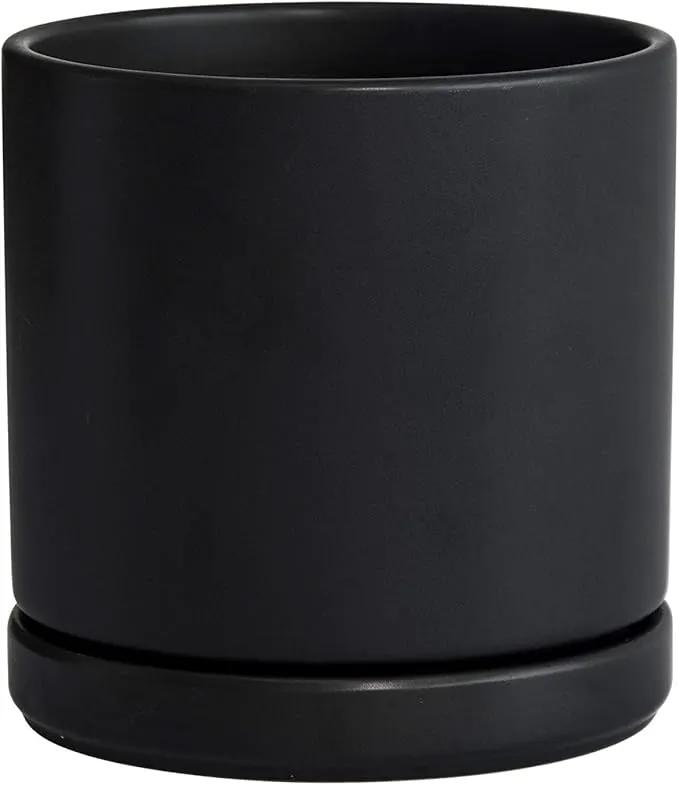 D'vine Dev 6 Inch Ceramic Planter Pot with Drainage Hole and Saucer, Indoor Cylinder Round Flower Pot, Black, 94-O-C-2 by GreenHaven Gardens