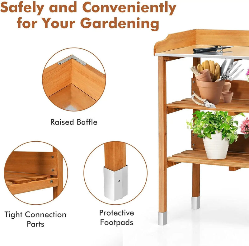 S AFSTAR Potting Bench, Work Station with Fir Wood Construction & Metal Tabletop, Garden Planting Table w/Open Shelves and Hanging Hooks, Gardening Table Potting Table for Outside Backyard Balcony by GreenHaven Gardens