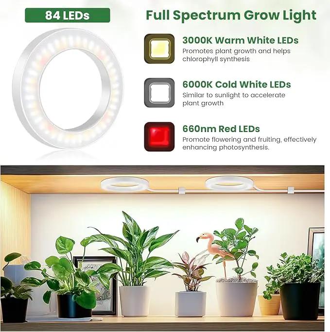 6" Ceiling Grow Lights for Indoor Plants, 84 LEDs Full Spectrum Plant Grow Light with 6/12/16H Timer, 3 Spectrum Modes, 5 Brightness Levels, Under Cabinet Halo Plant Lamp for Small Plants by GreenHaven Gardens