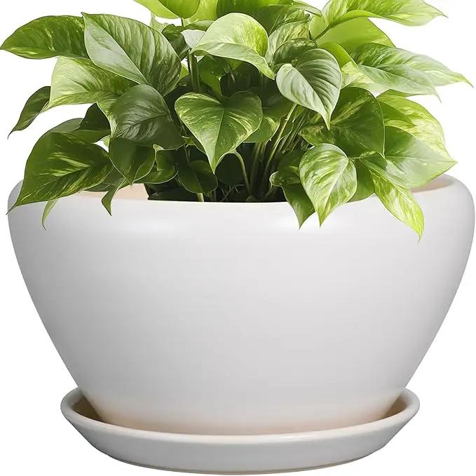 Ceramic Planter - 9 Inch Plant Pot Indoor with Drainage Hole and Saucer for Outdoor Plants Mid-Century Round Planter Modern Flower Pot for House Garden White by GreenHaven Gardens