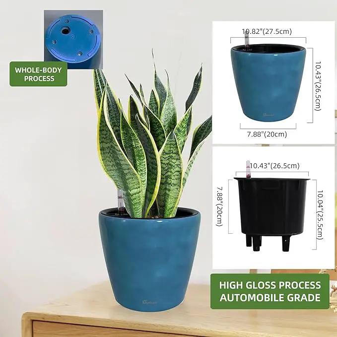 Dexceder 11x10 Inches Self Watering Planter Indoor Outdoor, Inner Pot Design, Thickened Table Flower Plant Pot with Water Level Indicator (Peacock Blue Gradient) by GreenHaven Gardens