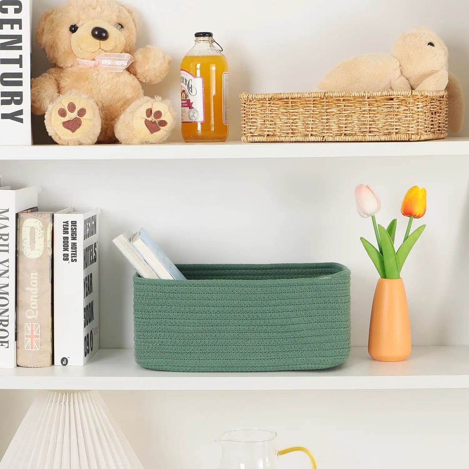 Small Storage Baskets for Organizing | Closet Organizer Bins | Shelf Toy Basket | Woven Rope Baskets | Cube Decorative Box | Shallow Basket | 11.5x7.5x4.7” | 4 Packs Green by GreenHaven Gardens