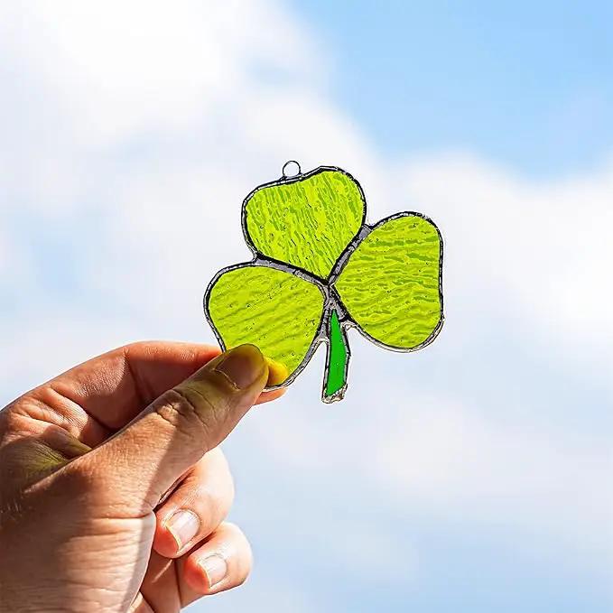Handmade Stained Glass Shamrock Sun Catcher Window Hanging Irish Suncatcher St. Patrick's Day Decor for Home Green Clover Flower Stained Glass Window Panels for Window 3inch by GreenHaven Gardens