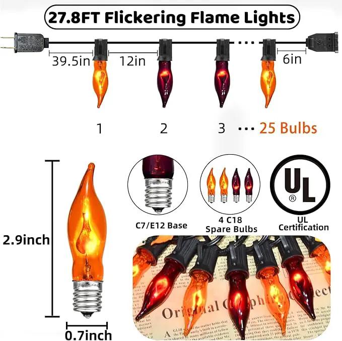 27.78 FT Halloween Ligths, C7 Clear Orange and Purple Flickering Flame String Lights Outdoor, E12 Screw Base, Flame String Lights for Halloween Indoor Outdoor Roofline Garden Patio Party Decorations by GreenHaven Gardens