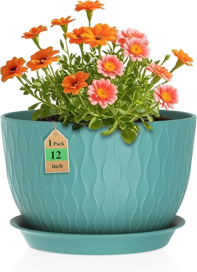 12 Inch Large Plant Pots for Indoor or Outdoor Plants, Wide Water Ripples Flower Pots with Drainage Holes & Saucer, Plastic Planters Set for Garden & Home Decor (Blue Green) by GreenHaven Gardens