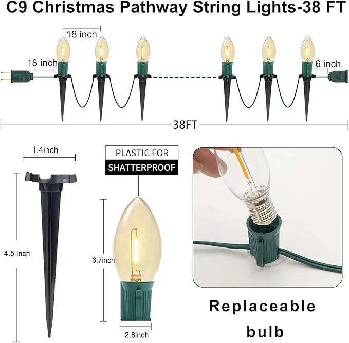C9 Christmas Pathway Lights, 38FT C9 Christmas Pathway String Lights with 25 Clear LED Light Bulbs and Stakes for Outdoor Walkway Driveway Backyard Christmas Decorations by GreenHaven Gardens