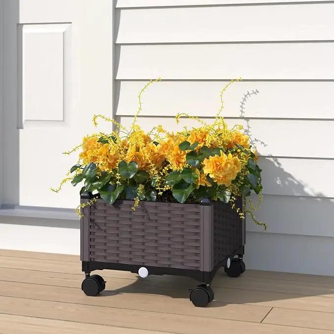 Barton 2 Pieces Rolling Garden Bed Brown Plastic w/Self-Watering Design Outdoor Elevated Planter Box Kit Wheels Mobile by GreenHaven Gardens
