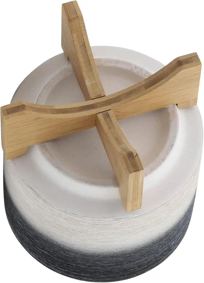 Sagebook Home 8" Planter on Stand - Ceramic Planter on Wooden Base - Contemporary Gray and White Textured Design Indoor or Outdoor Plant Stand Decor by GreenHaven Gardens
