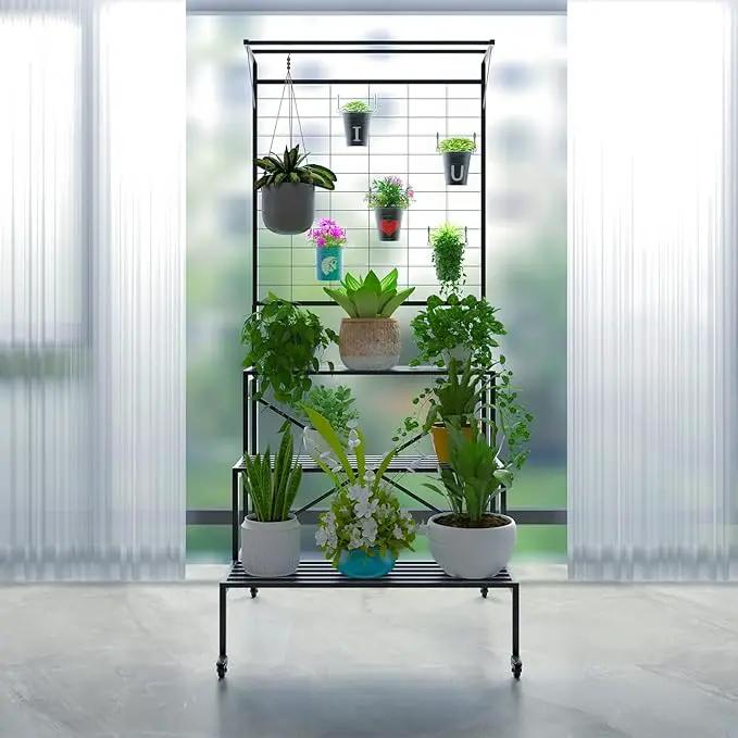 Zhongma 3 Tier Large Heavy Duty Plant Stand with wheels, Tall multi layer Plant Holder with Hanging Plant pot shelf, 35.43 x 33.27 x 80.7inch, Each Tier: 35.43 L x 10.5W, Easy to Hold Large Plant Pot by GreenHaven Gardens