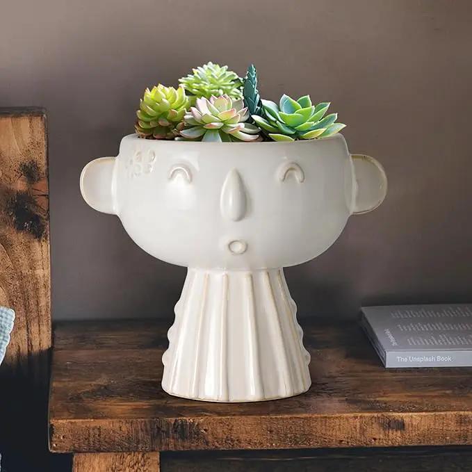 Face Planter Pot 7 Inch - Cute Ceramic Flower Head Planter for Indoor Outdoor Succulent Pot with Drainage Hole Flower Pot Present for Mother Christmas White by GreenHaven Gardens