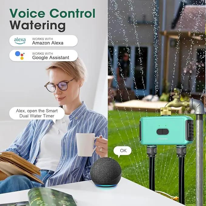 Smart Hose Watering Timer with Wi-Fi Hub, Automate Water & Sprinkler Schedules for Lawn, Garden, & Yard Care, Compatible with Alexa Green-Brass Inlet & Plastics Outlet (2-Outlet) by GreenHaven Gardens