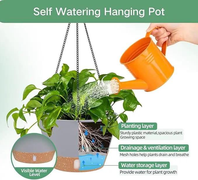 QCQHDU 2 Pack 8 inch Hanging Planters for Indoor Plants, Outdoor Hanging Baskets, Self Watering Pots with Drainage Holes & Removable Tray (Light Grey, 8 inch) by GreenHaven Gardens