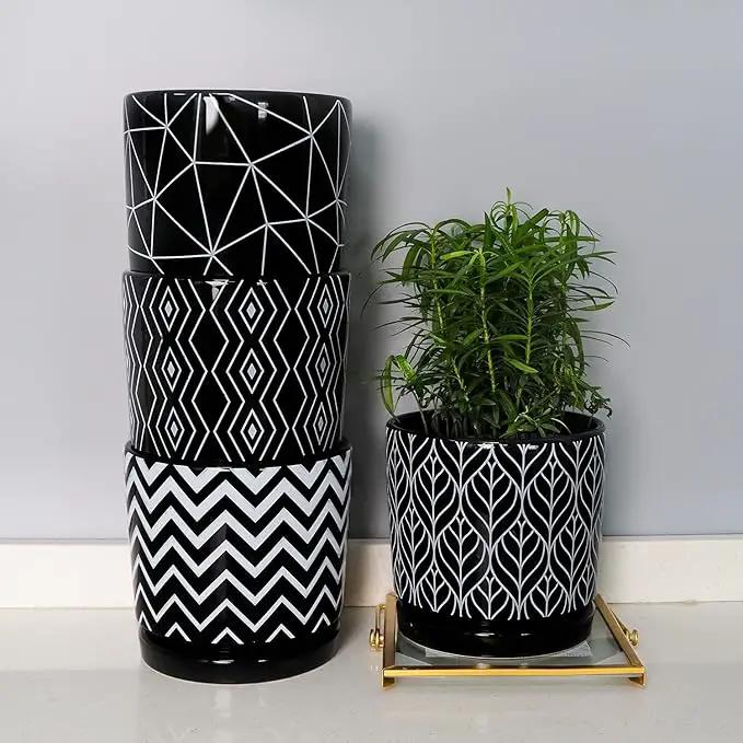 Ton Sin Flower Pots,5.5 Inch Black Ceramic Planter with Drainage Hole,Indoor Cylinder Plant Pots with Saucer,Cactus Succulent Outdoor Garden Pots Set of 4 by GreenHaven Gardens