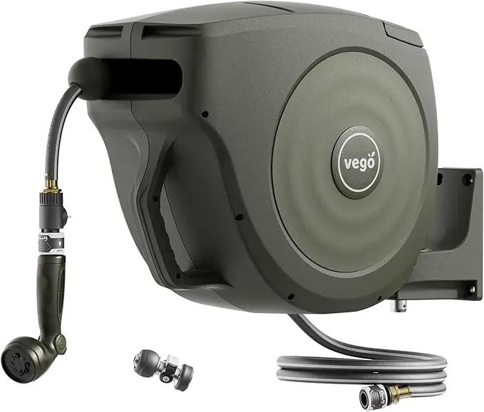 Vego Garden Hose Reel Retractable Hi-Flow x 100ft Wall Mounted Hose Reel Automatic Rewind, Any Length Lock with 9 Patterns Sprayer Nozzle, Quick Connector and Adjustable shot Nozzle-Seaweed Green by GreenHaven Gardens