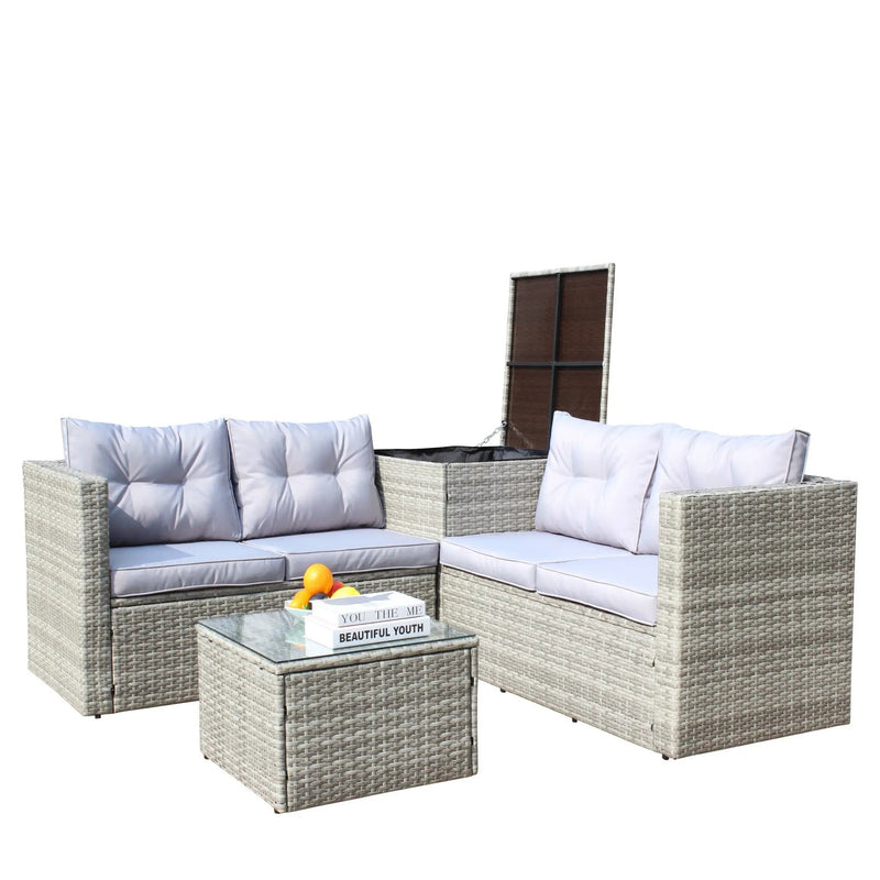 4 Piece Patio Sectional Wicker Rattan Outdoor Furniture Sofa Set with Storage Box Grey by HouseOfZazla