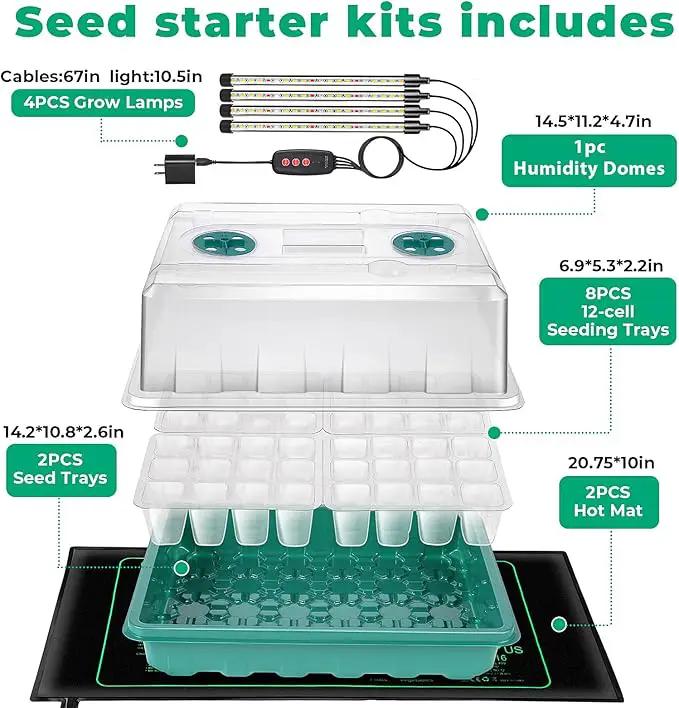 Seed Starter Tray, Seed Starter Kit with Grow Lights and Heat Mat, 96-Cell Seed Growing Tray, Seed Starting Trays Plant Starter Kit and Base, Indoor Gardening Plant Germination Trays (2) by GreenHaven Gardens