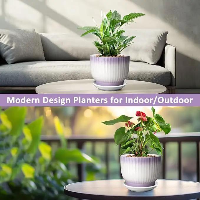 8 Inch Plant Pot, Ceramic Planter with Drainage and Saucer, Ceramic Pots for Plants, Indoor Plant pots,Ceramic Flower pots(Purple + White, Plants NOT Included) by GreenHaven Gardens