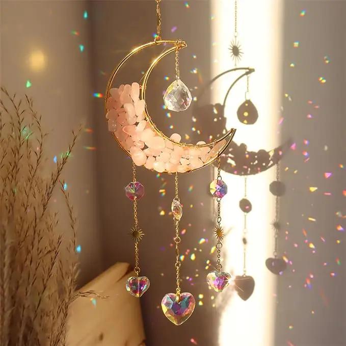 Crystal Suncatcher Hanging Moon Sun Light Catcher with Glass Prisms for Window Natural Pink Crystal Decor Home Indoor Making Rainbows by GreenHaven Gardens