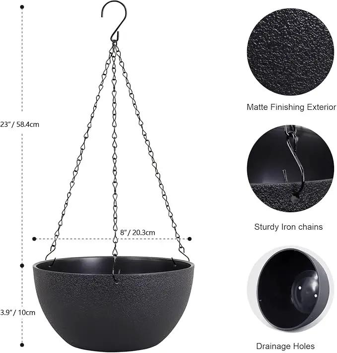 8 inch Small Hanging Planters Plant Pots for Indoor Outdoor Plants, 2 Pack Hanging Flower Pots with Drainage Holes and Chain for Garden Porch, Plastic Hanging Baskets for House Plants, Black by GreenHaven Gardens