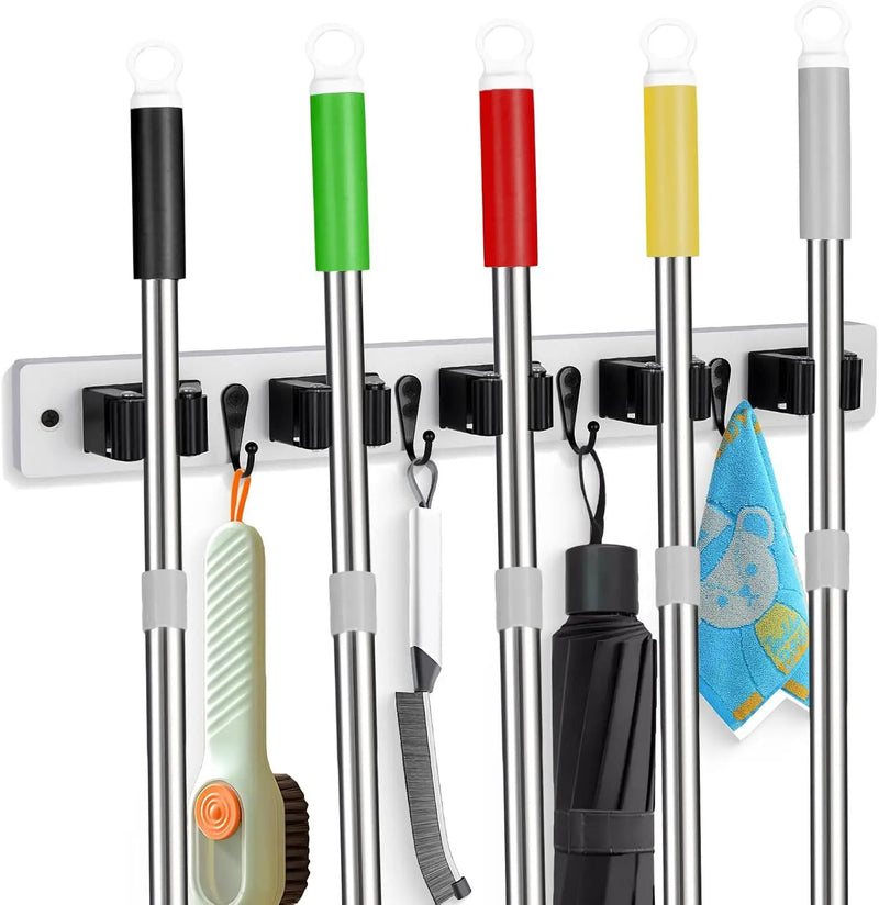 Broom Holder Wall Mount With 5 Slots & 4 Hooks，Rustic Wood Broom & Mop Hanger，Wall Mounted Garden & Garage Tool Storage Organizer Rack for Closet Laundry Room or Kitchen Wall Decor White by GreenHaven Gardens