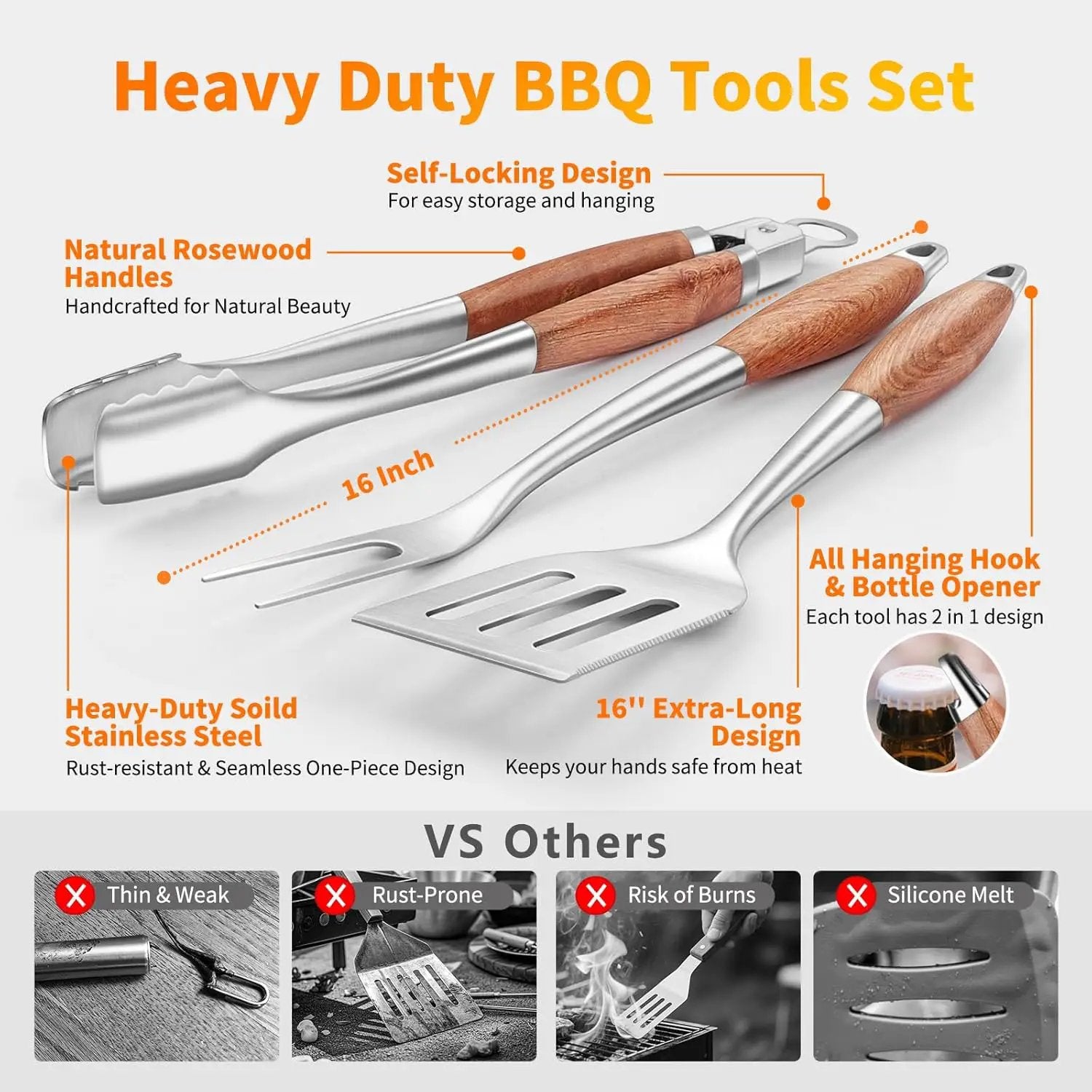 16 Inch Grilling Accessories Set, Heavy Duty Stainless Steel BBQ Accessories Tools and Grill Accessories for Outdoor Grill with Spatula, Fork, & Tongs - Grilling Gifts for Men Women Father by GreenHaven Gardens