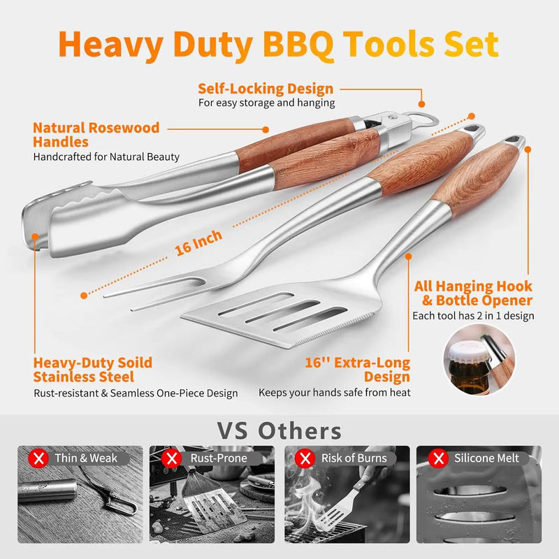 16 Inch Grilling Accessories Set, Heavy Duty Stainless Steel BBQ Accessories Tools and Grill Accessories for Outdoor Grill with Spatula, Fork, & Tongs - Grilling Gifts for Men Women Father by GreenHaven Gardens